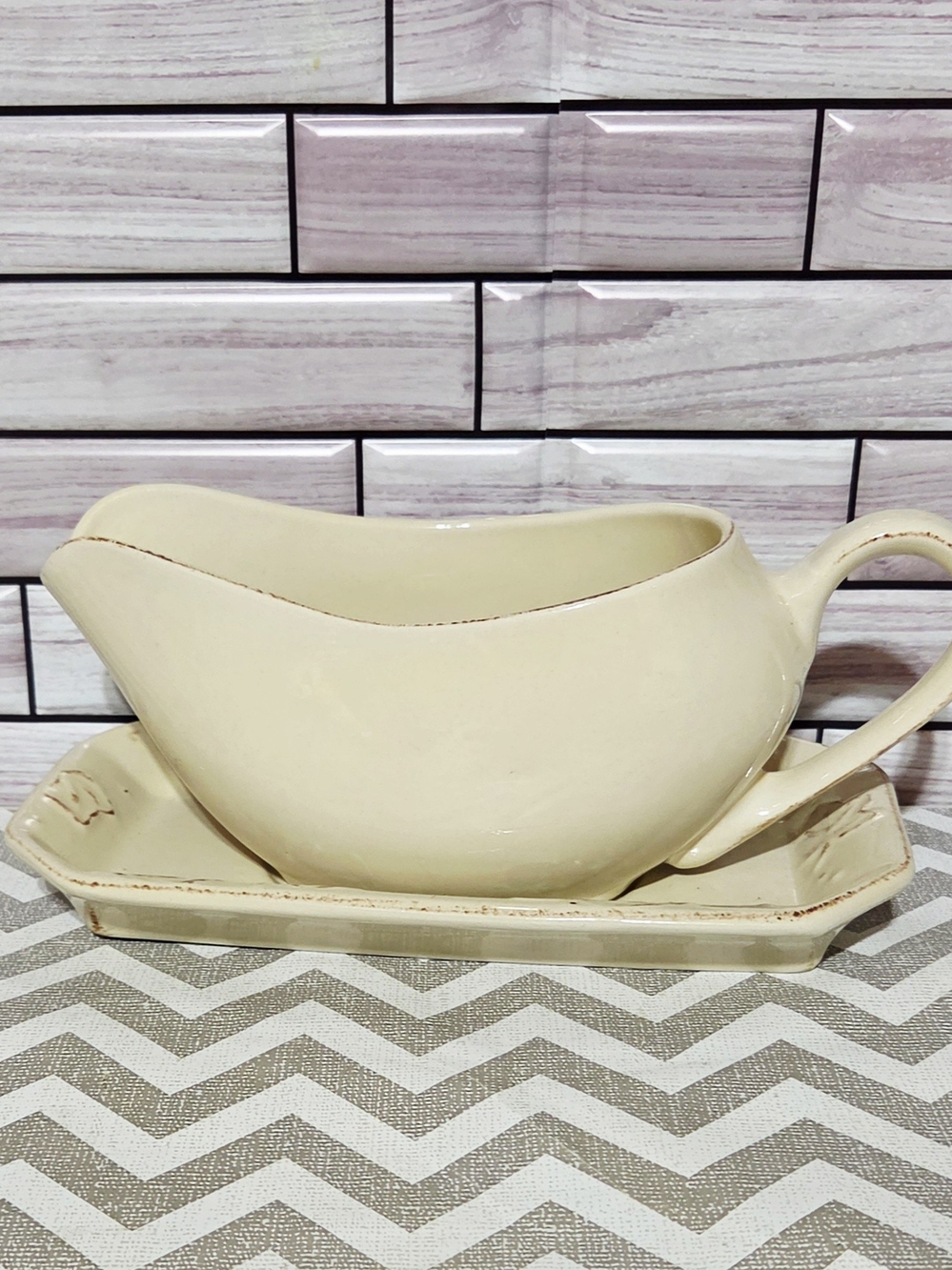 Vintage Ceramic Gravy Boat with Underplate Cream Rustic Farmhouse Decor